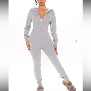 Fashion Nova Gray Zip-Up Hooded Jumpsuit